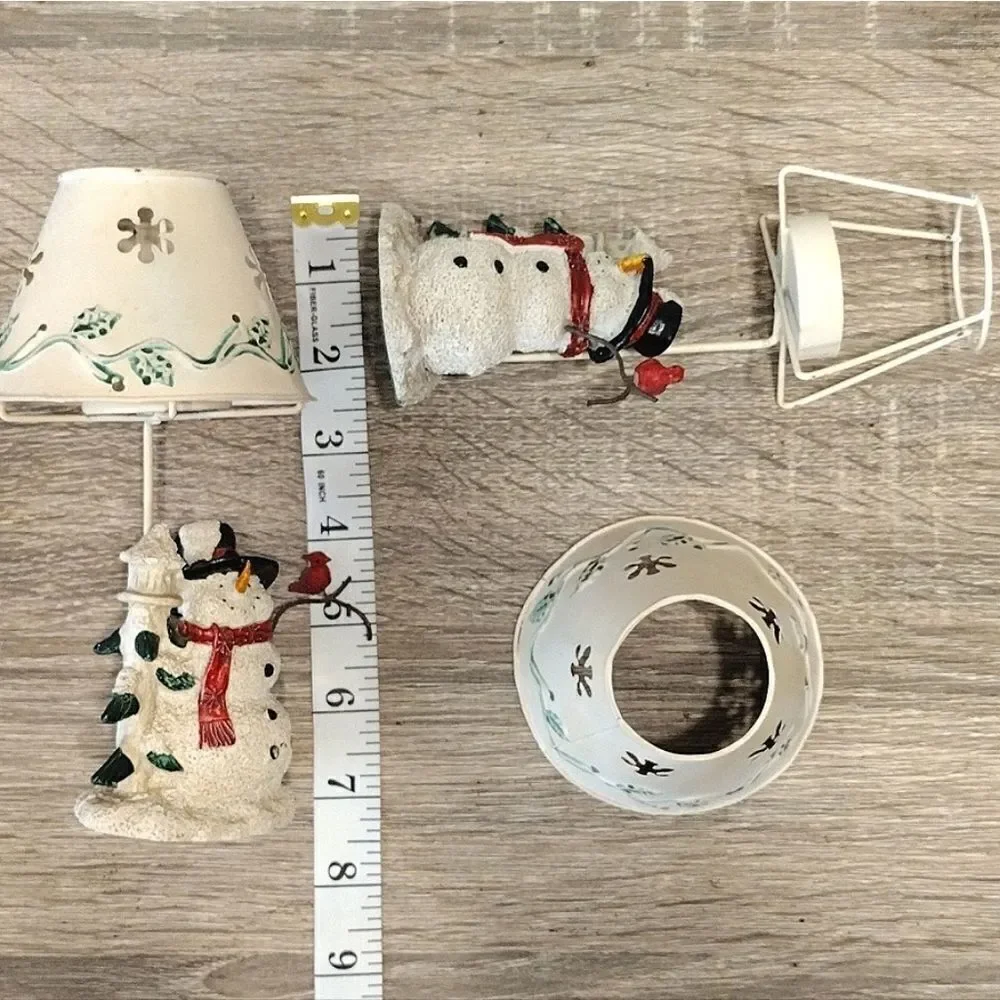 VTG Set of 2 Christmas Ceramic Snowman‎ Metal Shade Tealight Holders
